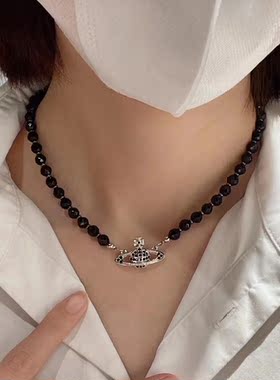 黑玛瑙项链黑色锆石土星吊坠项链锁骨链甜酷风choke颈带项圈颈链