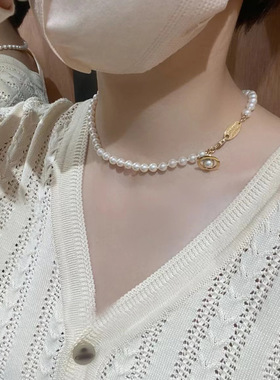 复古鎏金蓝色立体土星珍珠项链orb飞碟宇宙锁骨链短款轻奢颈链女