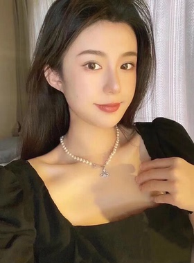 宇宙土星别针镶钻珍珠项链女短款叠戴双层choker锁骨链星球颈链