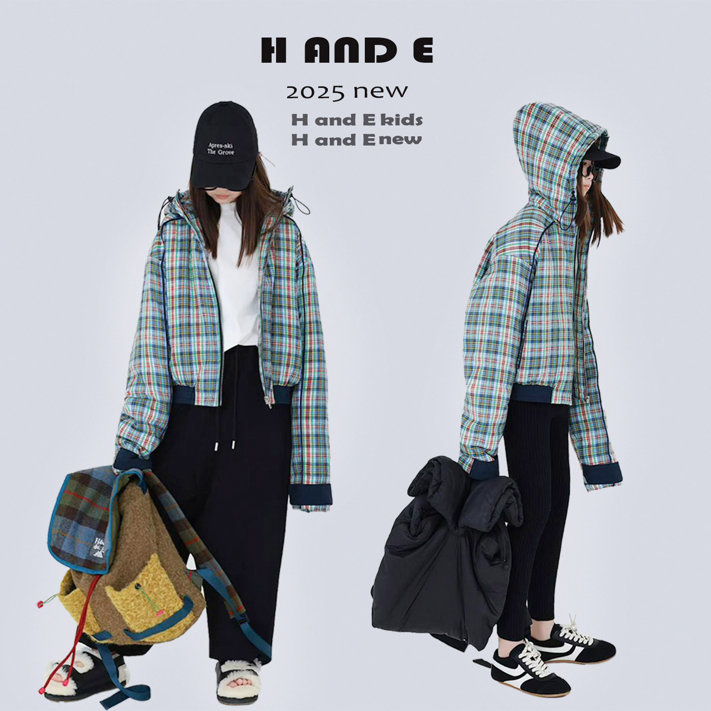 H AND E 原创童装25冬季保暖蓝橘格子连帽飞行员夹克棉服外套女童,淘宝优惠券,粉丝福利购,淘宝优惠卷