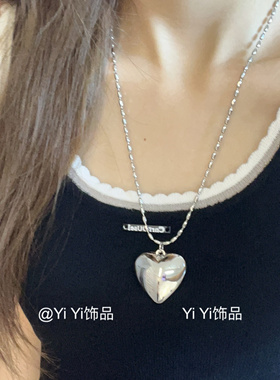 艺达新款向日葵欧尼同款银色大爱心项链女金属长款毛衣链配饰