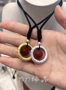 艺达红玛瑙相思豆平安扣黑绳项链新国风中式平安转运珠吊坠毛衣链