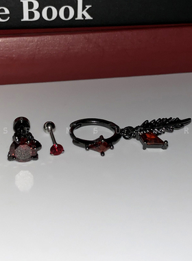 暗黑辣妹秦彻乌鸦黑色耳骨钉钛钢红色锆石耳蜗钉羽毛耳圈情侣耳环