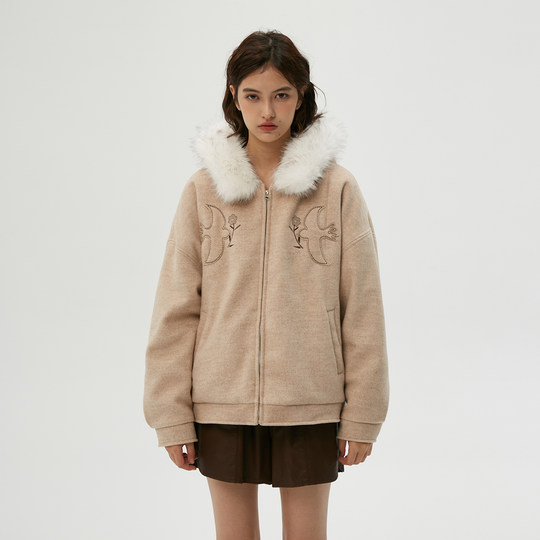 Clamisgold（岚室）飞鸟与花*连帽毛领羊毛呢大衣加绒厚外套棉服