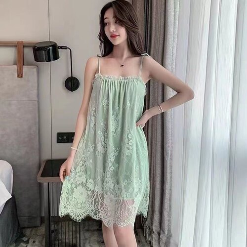 性感大码网红吊带睡裙女夏季冰丝薄款2022年新款夏天蕾丝花边睡衣 - 图0