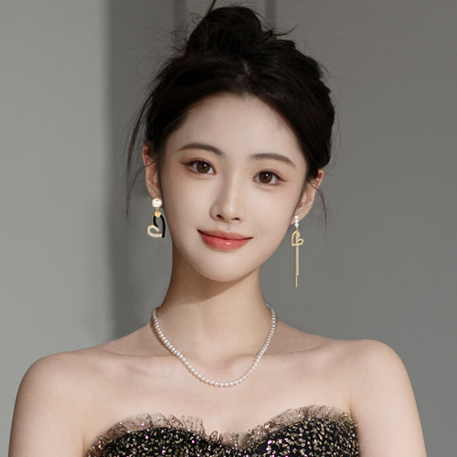 爱心流苏珍珠款耳环女士气质耳坠不对称耳钉港风耳饰2026新款爆款 - 图2