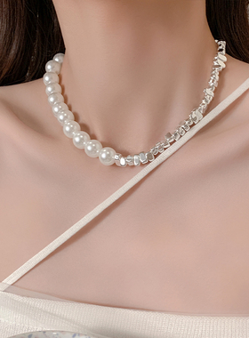 甜酷珍珠款碎银子项链女