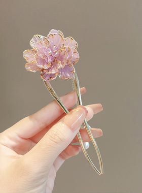 紫色花朵u型流苏发簪新中式