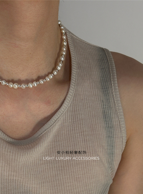 安小柏 通体s925纯银拼接天然淡水珍珠串珠OT扣小众轻奢锁骨项链
