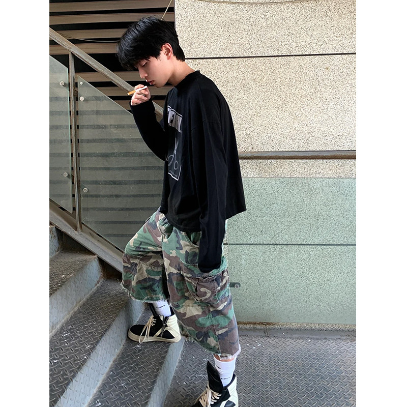vintage街头迷彩风格牛仔短裤男款夏季美式复古宽松阔腿七分裤子,淘宝优惠券,粉丝福利购,淘宝优惠卷
