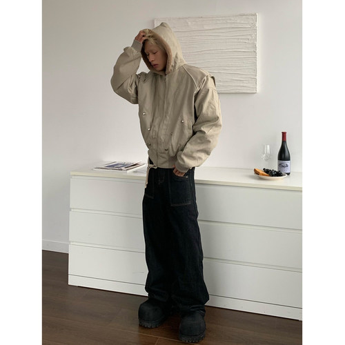 座山雕连帽加绒夹克外套男女宽松美式cleanfit廓形结构感工装棉服 - 图2