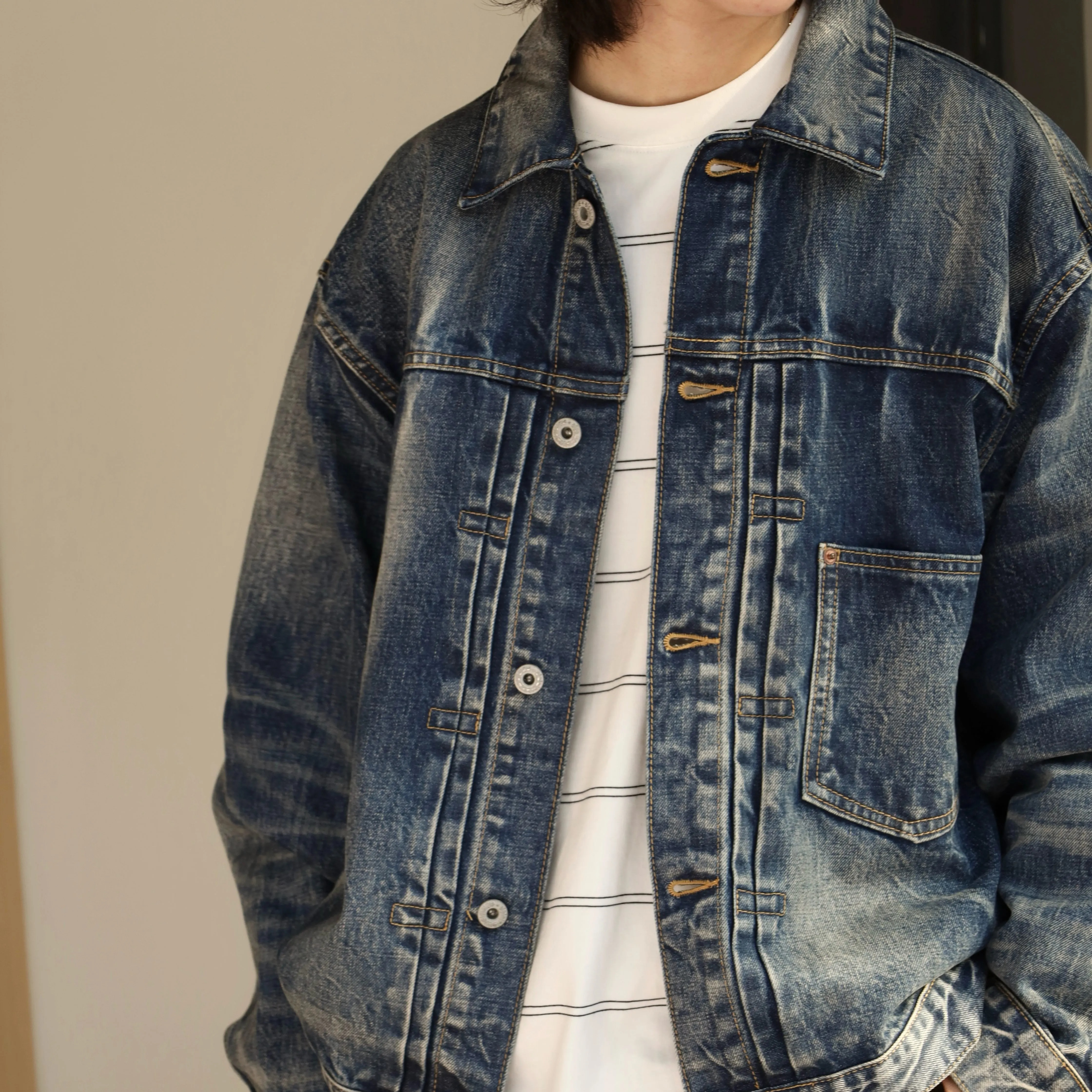 Gnomes lab 25AW 康龙13.5oz抓痕重水洗破坏猫须牛仔夹克 - 图2