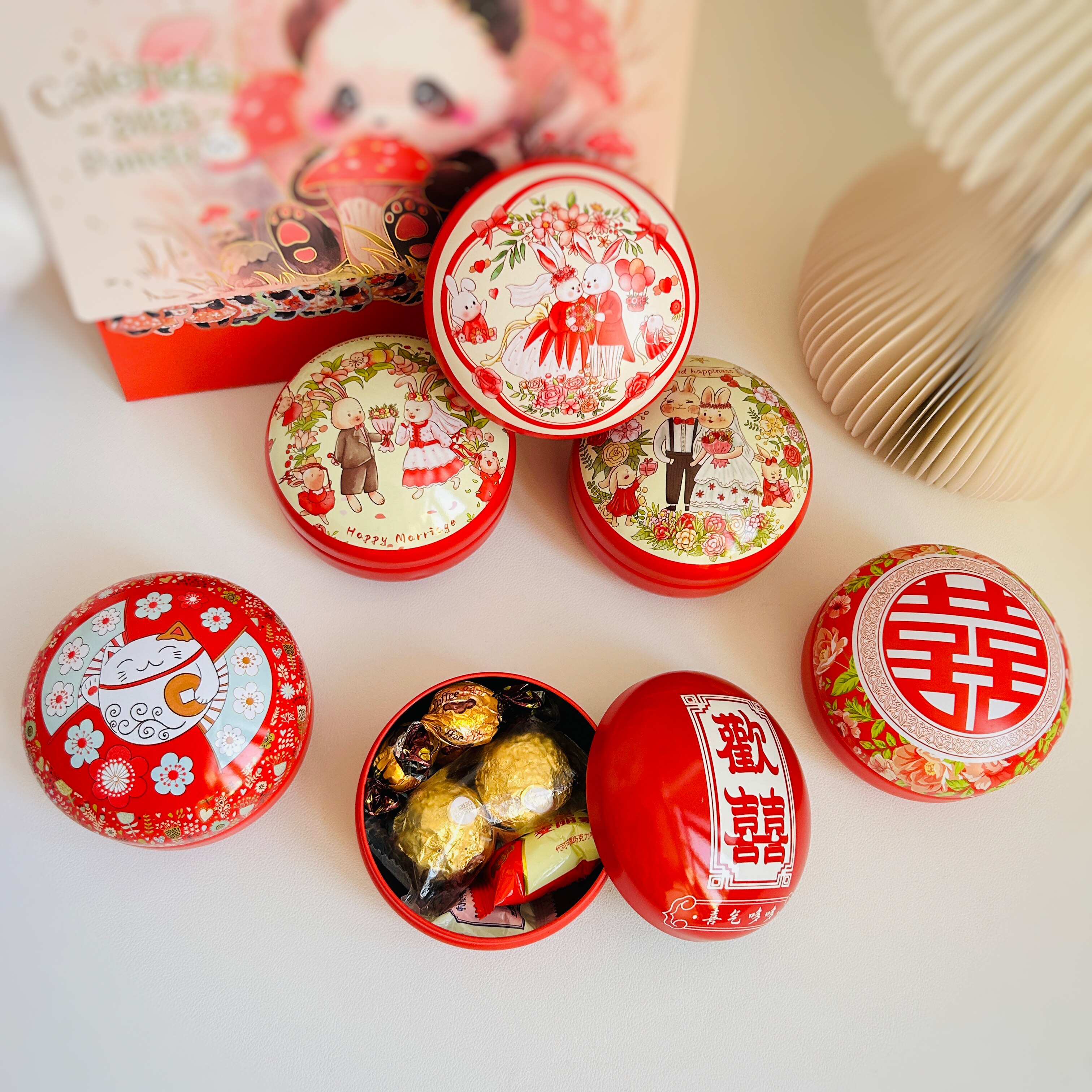 2024新款结婚礼盒婚庆包装空盒圆形喜糖盒子高级中式免折叠铁盒子