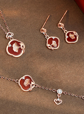 原创新款红玛瑙如意杏运毛衣链新中式复古喜庆s925纯银项链颈链