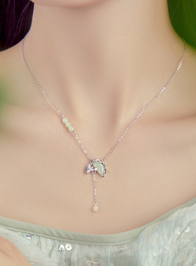 原创新中式s925纯银春色折扇项链女新款轻奢设计毛衣链颈链饰品