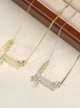 原创新款s925纯银蝴蝶竹节和田玉项链女小众百搭高级感锁骨链