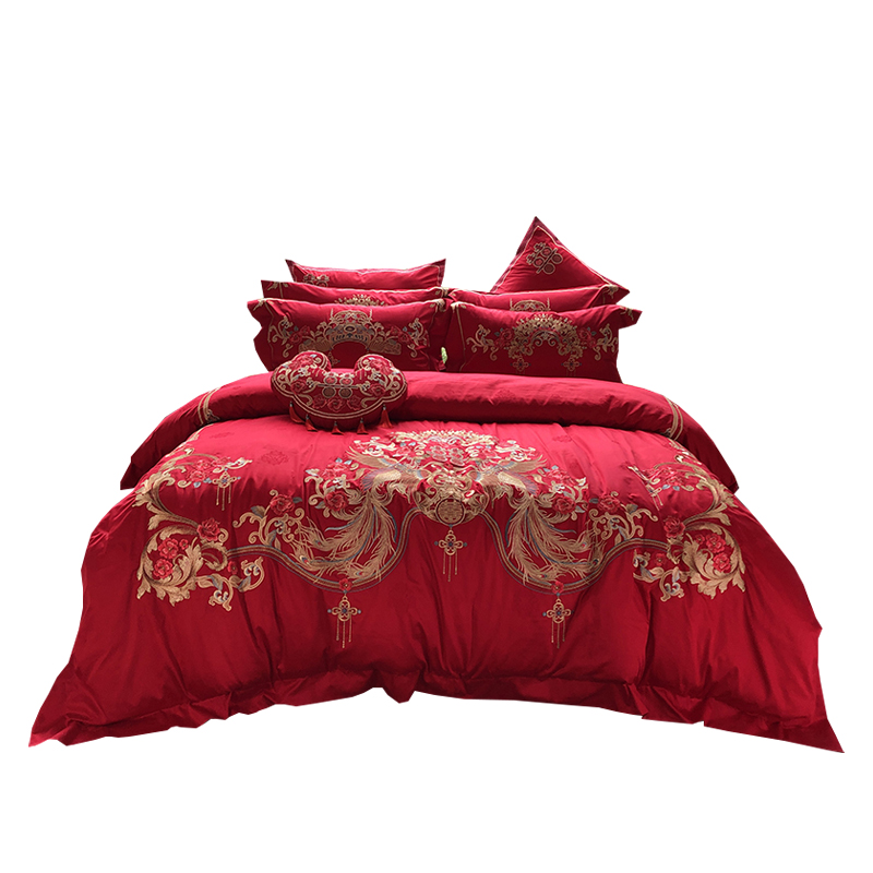 高端140支匹马棉四件套全棉婚庆刺绣被套大红色中式新婚床上用品 - 图3