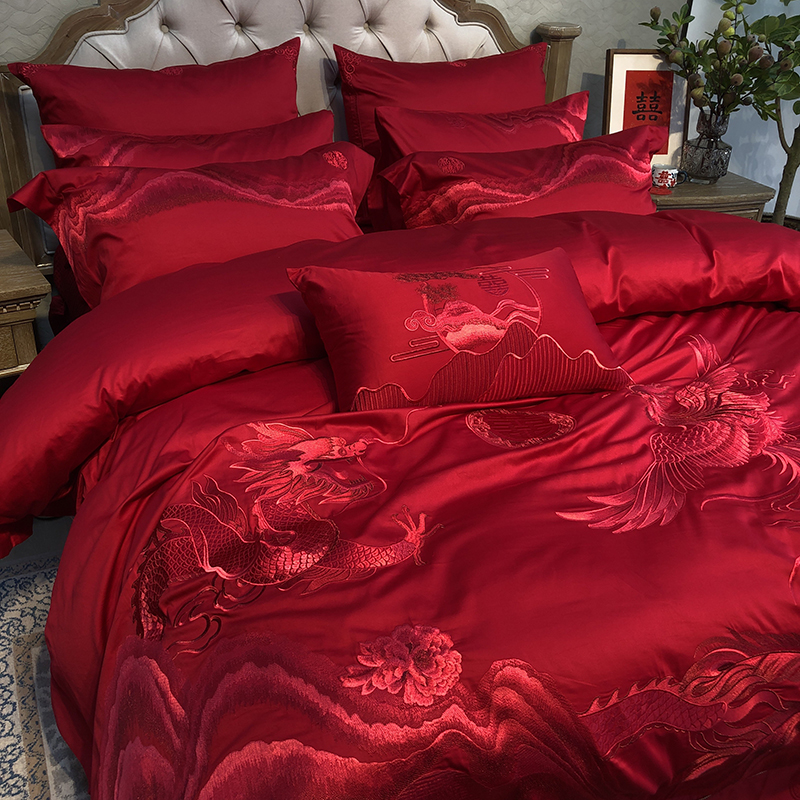 高端140支匹马棉刺绣四件套全棉大红色婚庆陪嫁结婚被套新婚床品,淘宝优惠券,粉丝福利购,淘宝优惠卷