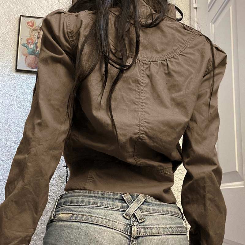 H家欧美女装 古早西部立领拉链棕色短外套辣妹工装风收腰休闲夹克