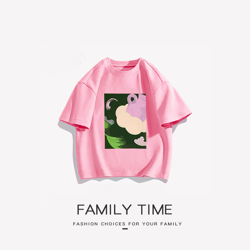 亲子装母女夏装2024新款粉色上衣高端韩版洋气短袖亲子装T恤母子 - 图2