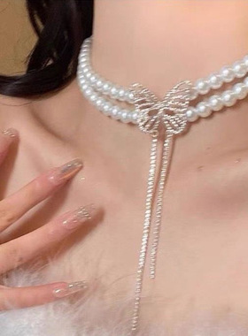 新款镶钻珍珠流苏双层项链 时尚轻奢气质锁骨链感项饰女