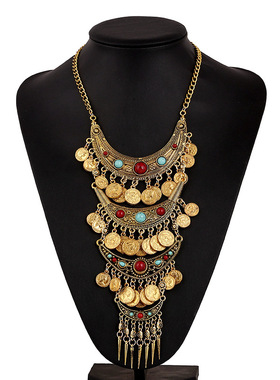 欧美时尚复古民族风夸张合金电镀项链波西米亚镶松石翅膀流苏