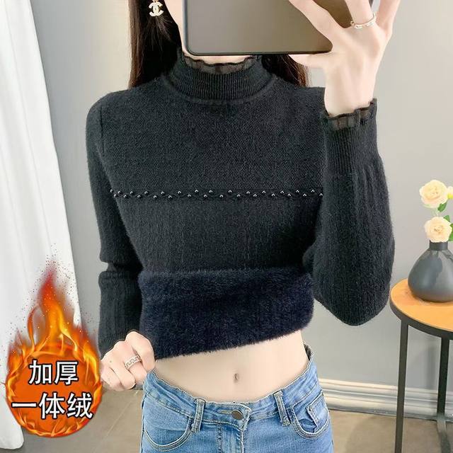 2025 new spring and autumn bottoming shirt for women, half turtleneck, autumn and winter velvet sweater, slim lace inner knitted sweater top