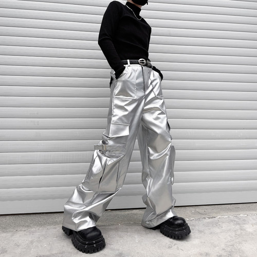 美式hiphop高街银色工装裤男潮牌嘻哈ins痞帅炸街演出舞台装表演 - 图1