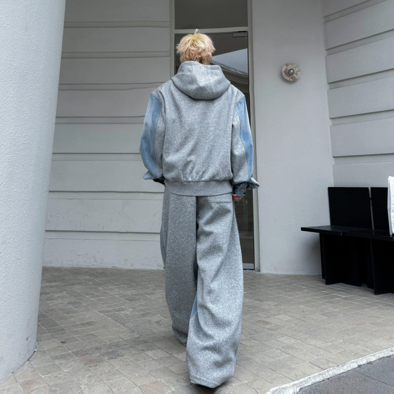 2026春装设计感美式高街撞色拼接牛仔夹克套装男水洗阔腿长裤一套,淘宝优惠券,粉丝福利购,淘宝优惠卷