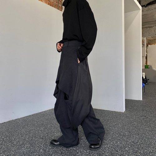 时尚潮流暗黑系个性双层设计阔腿直筒裤痞帅结构小众个性拖地西裤 - 图1