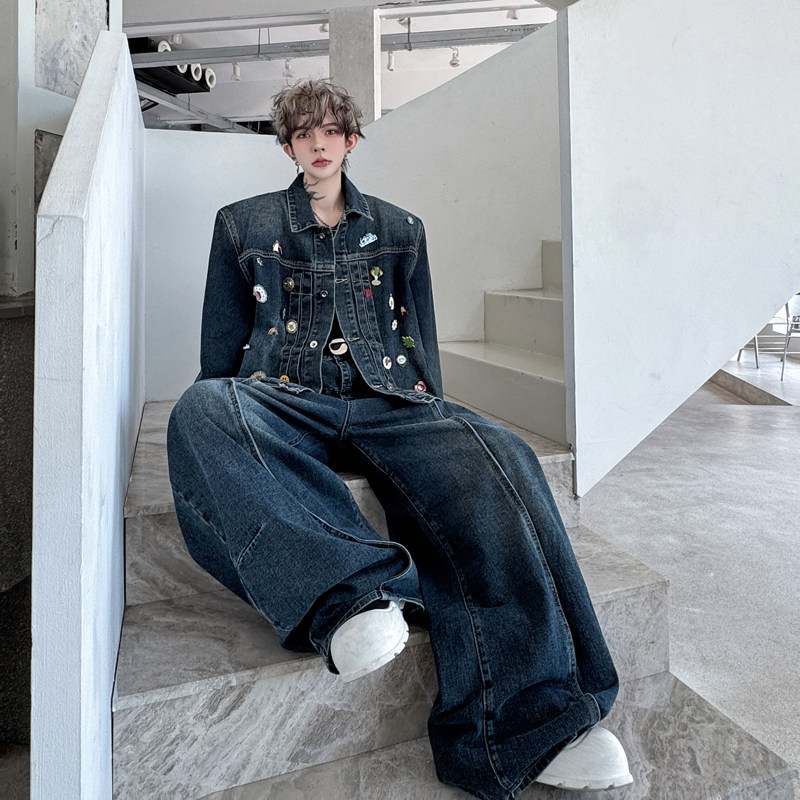 小众重工复古刺绣贴标装饰牛仔夹克外套高级感阔腿弯刀裤两件套潮,淘宝优惠券,粉丝福利购,淘宝优惠卷