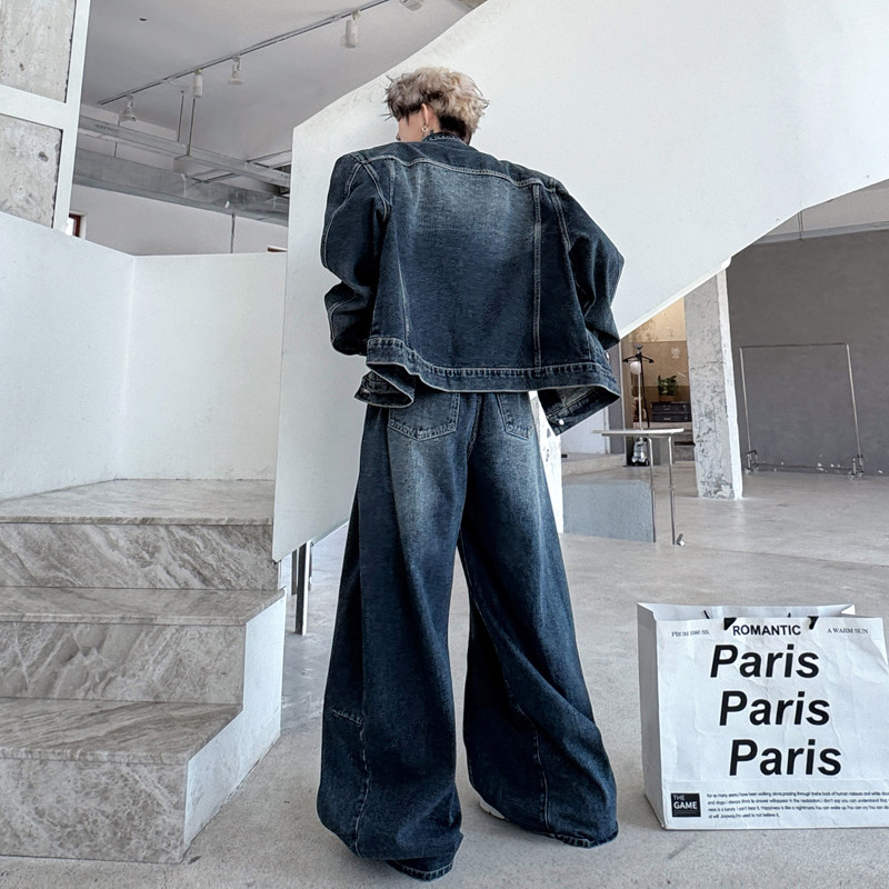 小众重工复古刺绣贴标装饰牛仔夹克外套高级感阔腿弯刀裤两件套潮,淘宝优惠券,粉丝福利购,淘宝优惠卷