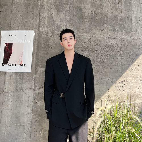 英伦雅痞高级感黑色西装外套男士韩版潮流ins痞帅设计感西服外套 - 图0