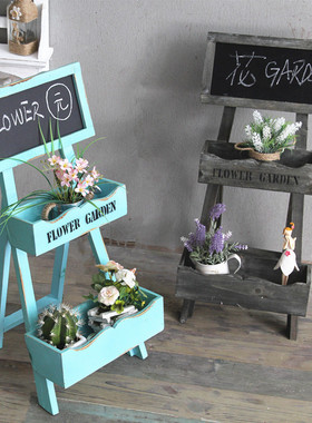 zakka实木覆古做旧黑板多肉花架多层摆件创意店铺咖啡馆软装饰品