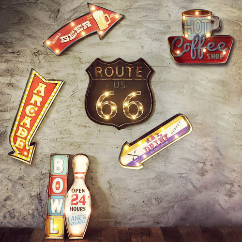 loft美式复古铁艺壁饰LED灯墙饰咖啡店酒吧家居个性装饰品铁皮灯 - 图0