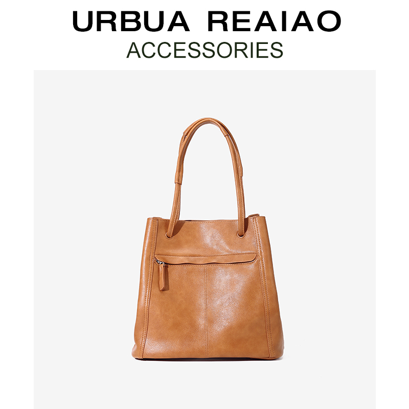 大容量真皮水桶包女2025新款复古通勤托特包植鞣头层牛皮单肩大包 - 图1