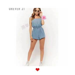 forever21舒适棉微喇系带短裤薄款腰部松紧带设计连体牛仔色推荐