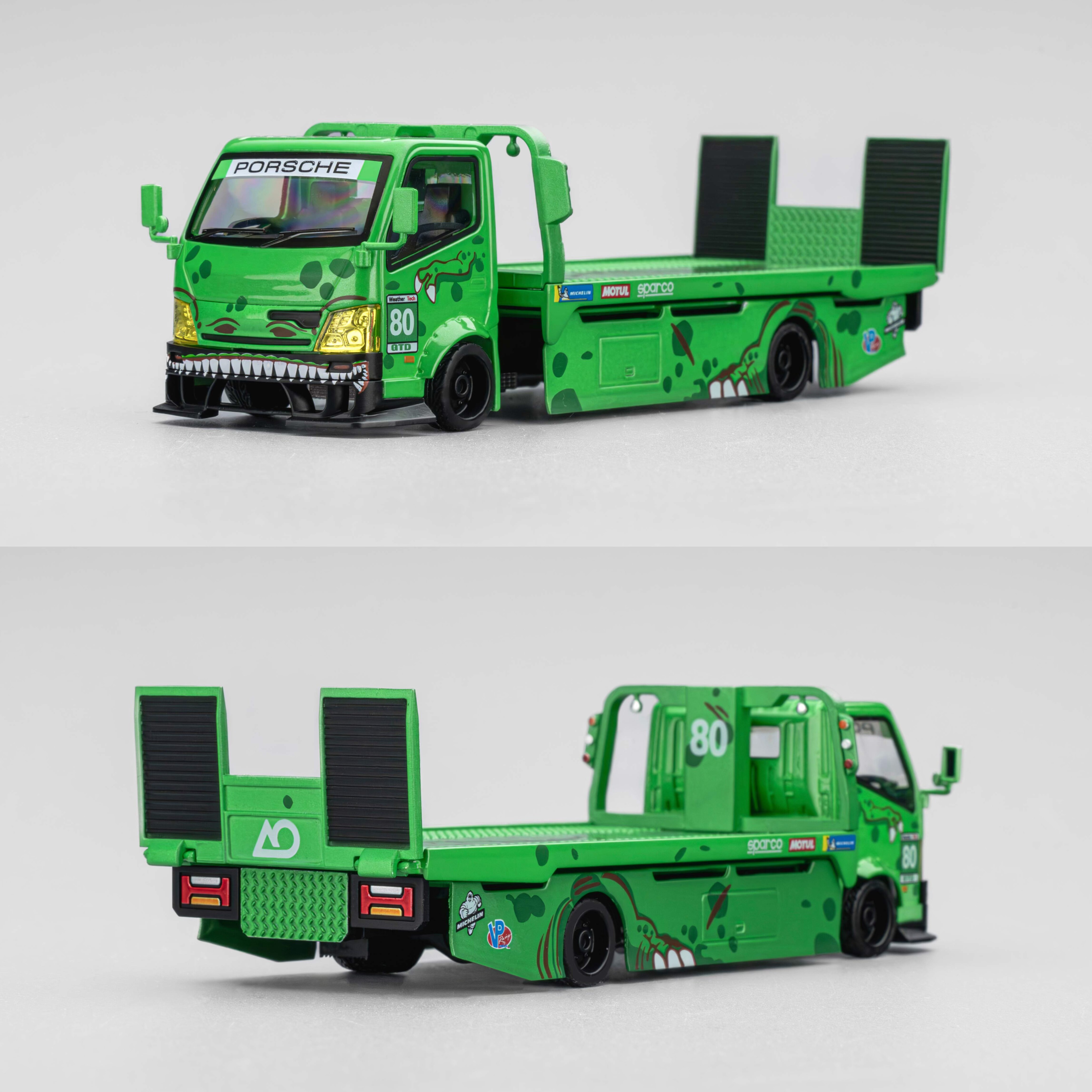 定 Micro Turbo MT 1:64 全落地平板改装拖车绿恐龙涂装 合金车模 - 图1