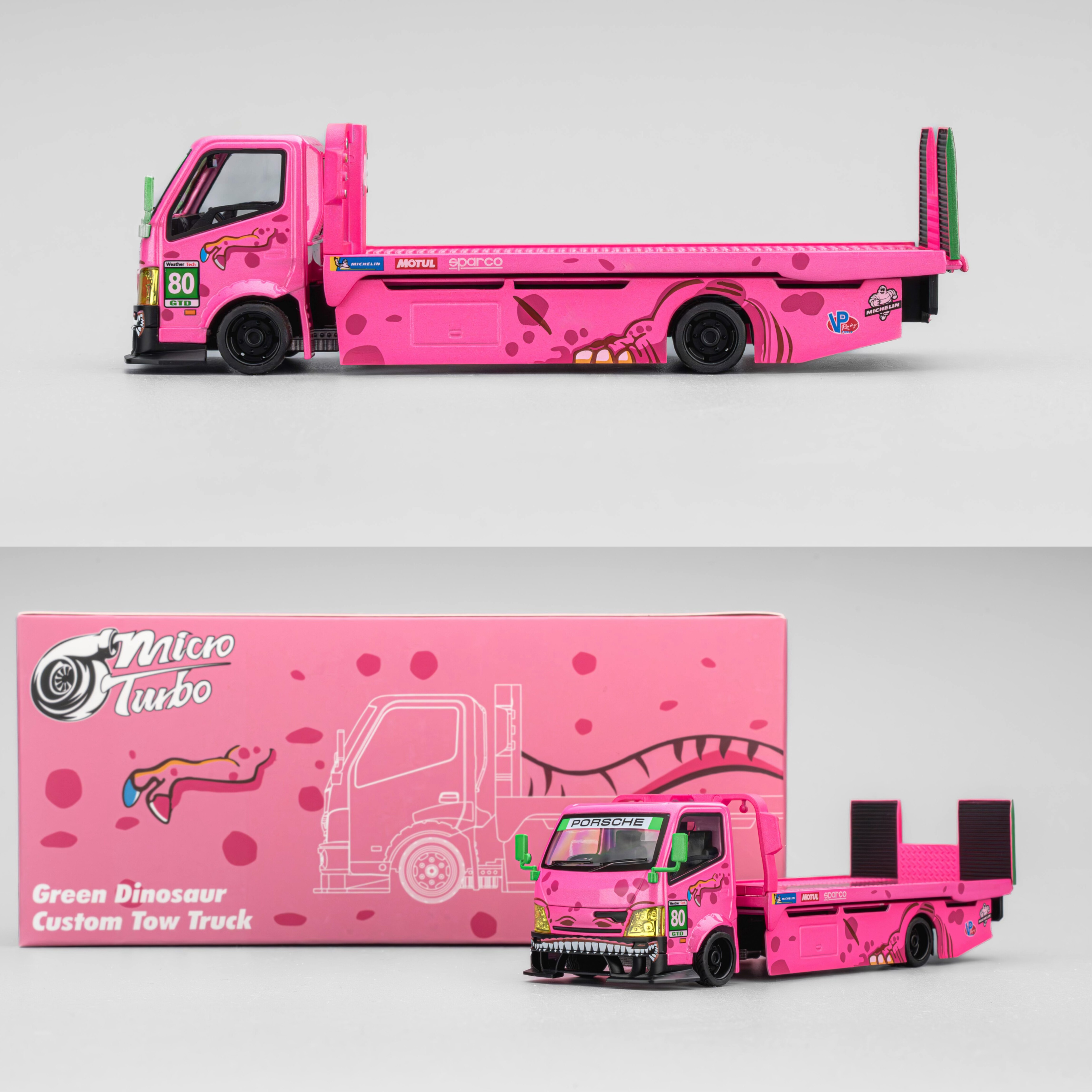 定 Micro Turbo MT 1:64 全落地平板改装拖车粉恐龙涂装 合金车模 - 图1