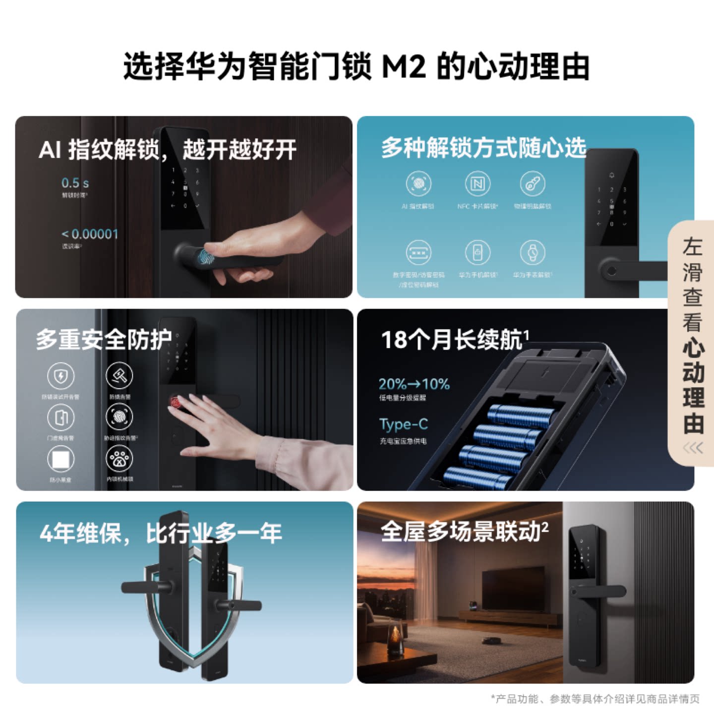 华为智能门锁 M2 AI指纹解锁 多重安全防护 指纹电子锁密码锁