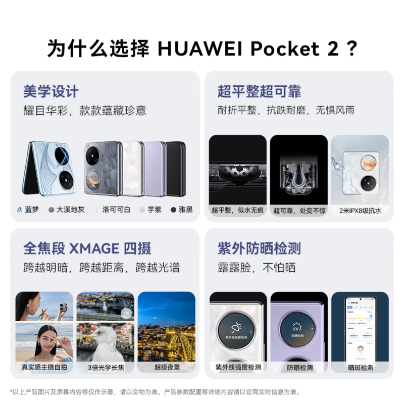 【新品】HUAWEI Pocket 2超平整超可靠全焦段XMAGE四摄紫外防晒检测华为官方旗舰店双超级快充鸿蒙折叠手机-图3