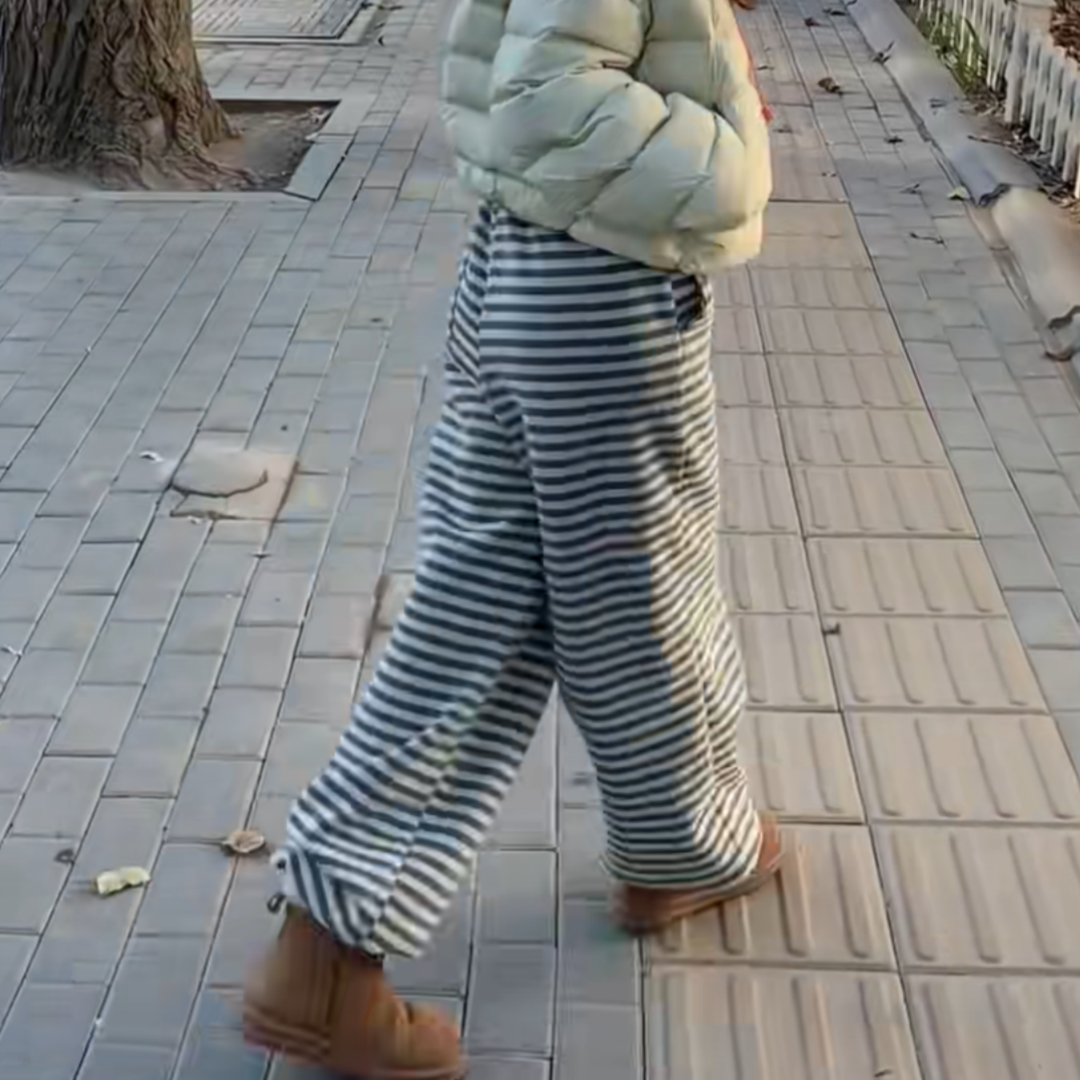 黑白条纹厚实加绒抽绳松紧腰束脚卫裤女冬季时尚百搭显瘦休闲裤子,淘宝优惠券,粉丝福利购,淘宝优惠卷