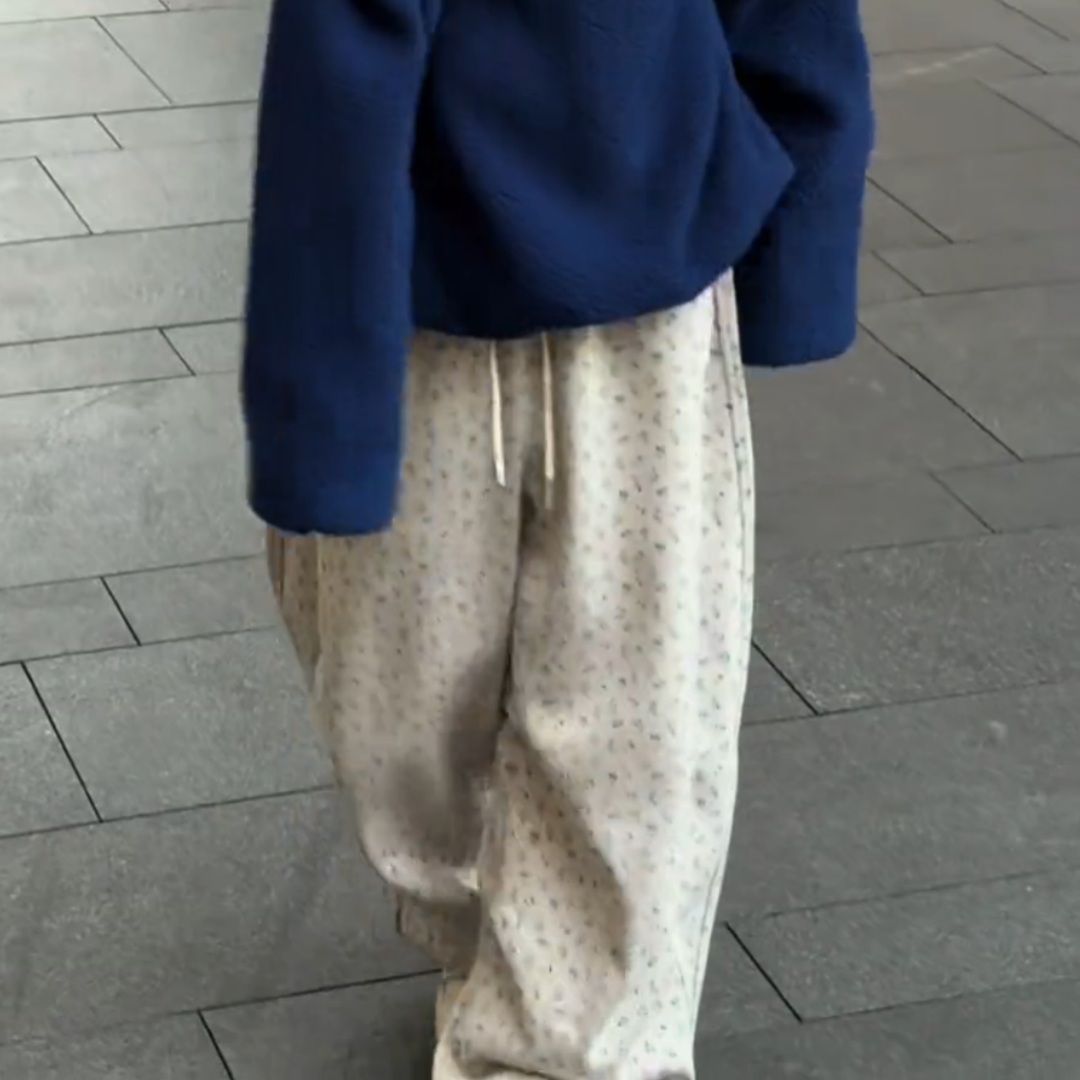 杏色碎花加绒抽绳松紧腰休闲卫裤女冬季新款时尚宽松显瘦阔腿长裤,淘宝优惠券,粉丝福利购,淘宝优惠卷