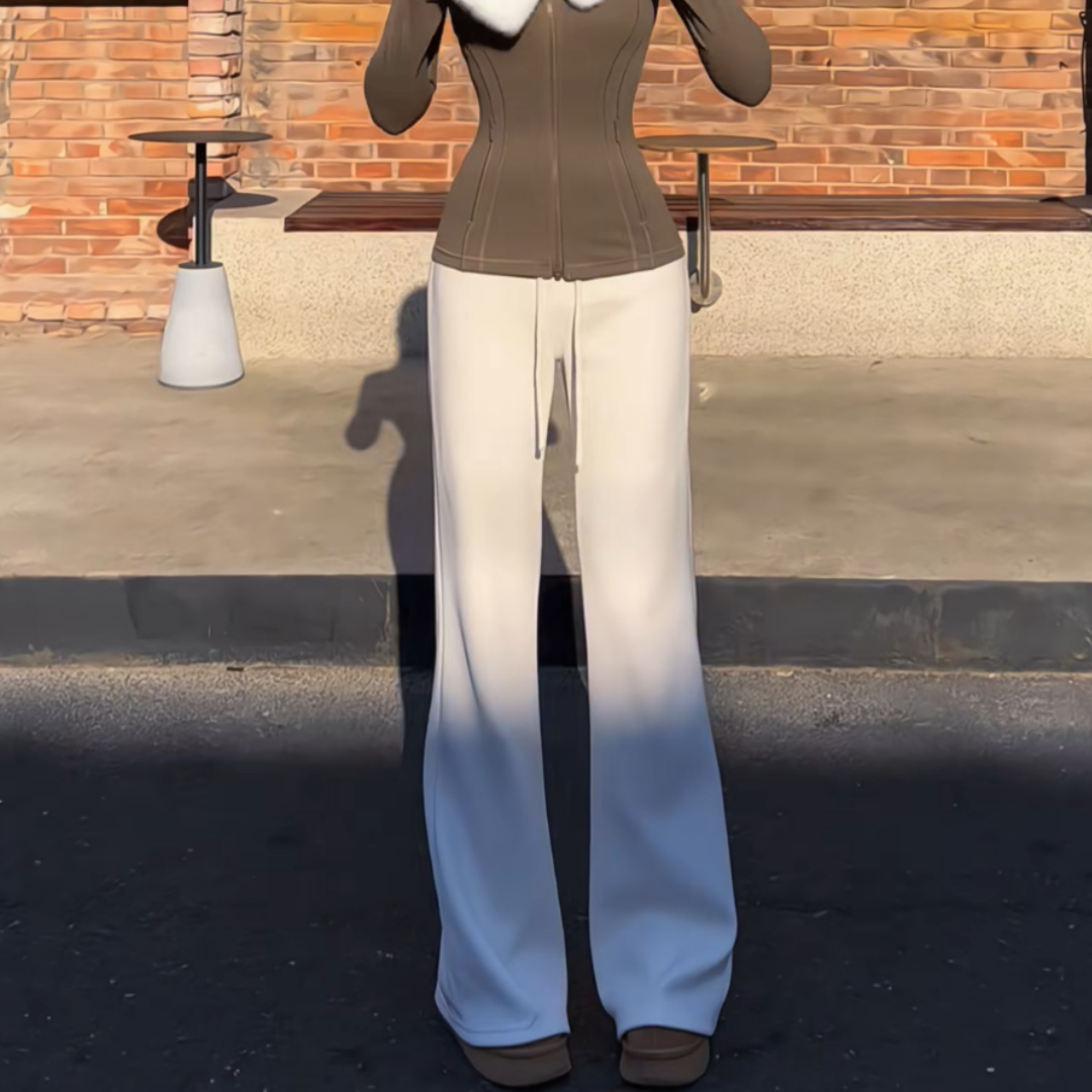 米白色显瘦修身松紧腰抽绳直筒微喇裤春秋时尚百搭舒适垂感休闲裤,淘宝优惠券,粉丝福利购,淘宝优惠卷