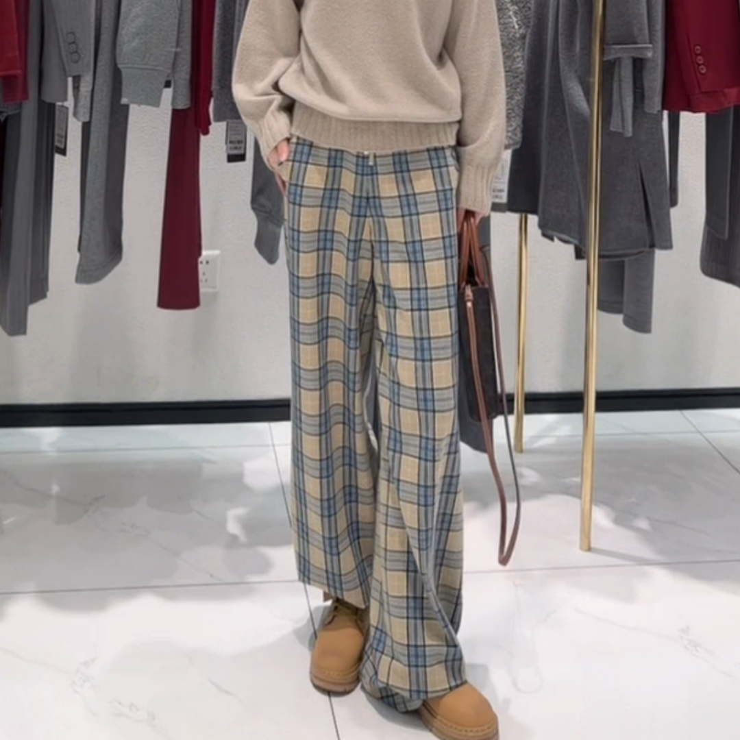 文艺风蓝色格纹加绒厚实抽绳休闲卫裤冬季百搭显瘦宽松垂感阔腿裤,淘宝优惠券,粉丝福利购,淘宝优惠卷