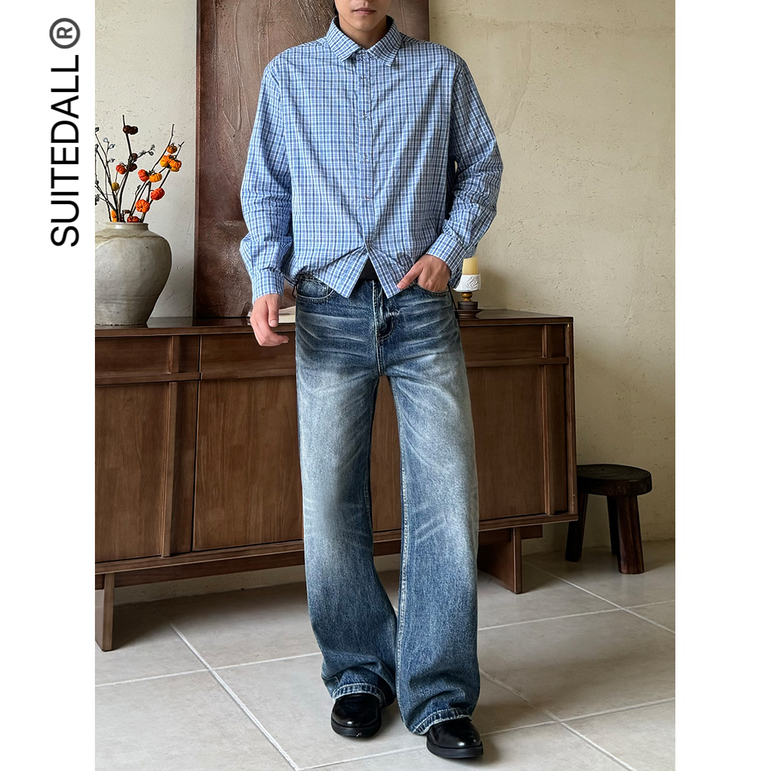 SUITEDALL深海蓝A字宽松直筒牛仔裤14oz立体猫须蜂窝百搭通勤长裤 - 图1