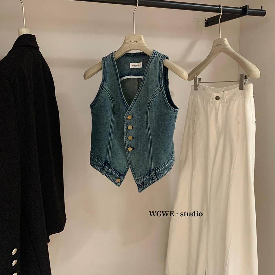 蓝色v领牛仔马甲背心女秋季叠穿设计感叠穿复古修身无袖外穿上衣,淘宝优惠券,粉丝福利购,淘宝优惠卷