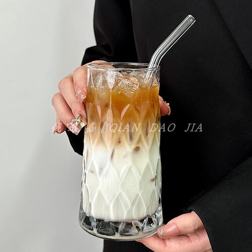 ins风复古高颜值钻石咖啡杯水果茶杯玻璃杯饮料牛奶拿铁气泡水杯 - 图1