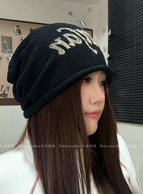 黑色字母堆堆冷帽女美式复古粗针针织宽松大头围显脸小街头包头帽