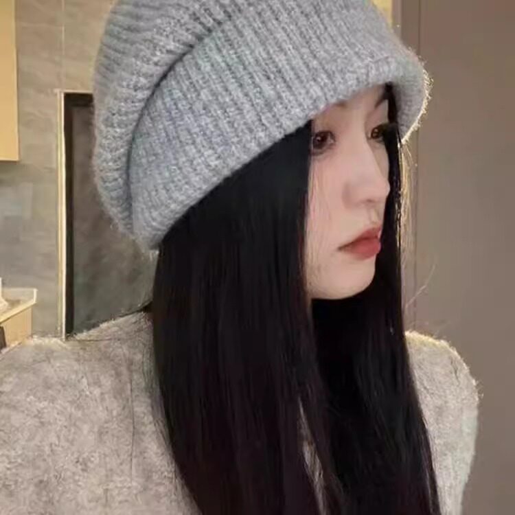 一帽三戴秋冬加厚保暖冷帽大头围堆堆帽贝雷帽百搭显脸小毛线针织